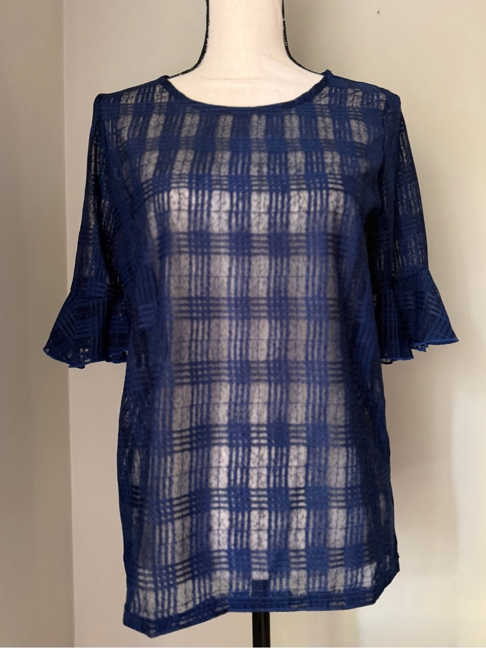 RAIN | Navy Blue Plaid Sheer Mesh Ruffle Sleeve Blouse Top | Size S